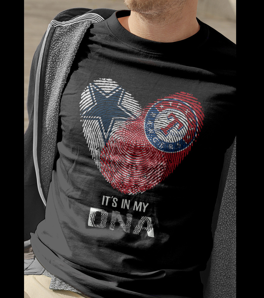 Cowboys Rangers It's In My DNA Fingerprint Heart With Star And Baseball T-Shirt