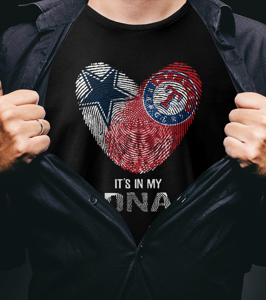 Cowboys Rangers It's In My DNA Fingerprint Heart With Star And Baseball T-Shirt
