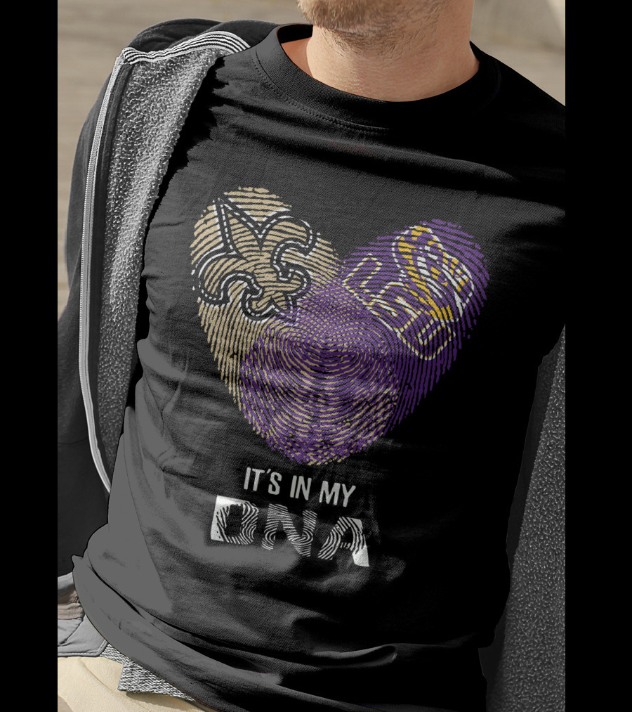 Saints Lsu It's In My Dna Fingerprint Heart Fleur-De-Lis Logo Purple Gold T-Shirt