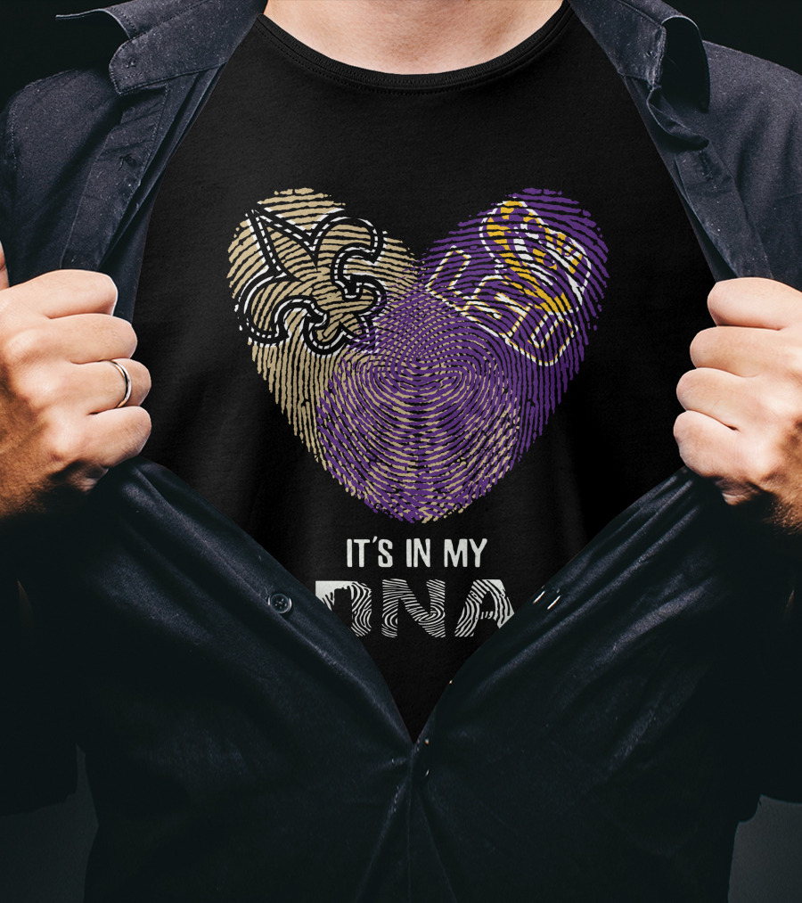 Saints Lsu It's In My Dna Fingerprint Heart Fleur-De-Lis Logo Purple Gold T-Shirt