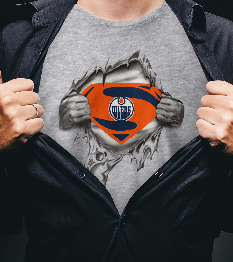 Edmonton Oilers Superman Logo Fusion With Torn Ripped Shirt Effect T-Shirt