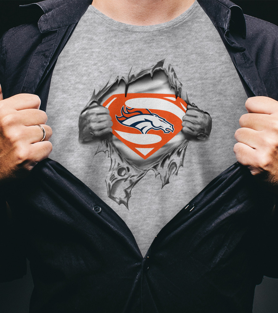 Broncos Super Man Logo Gray Torn Effect T-Shirt