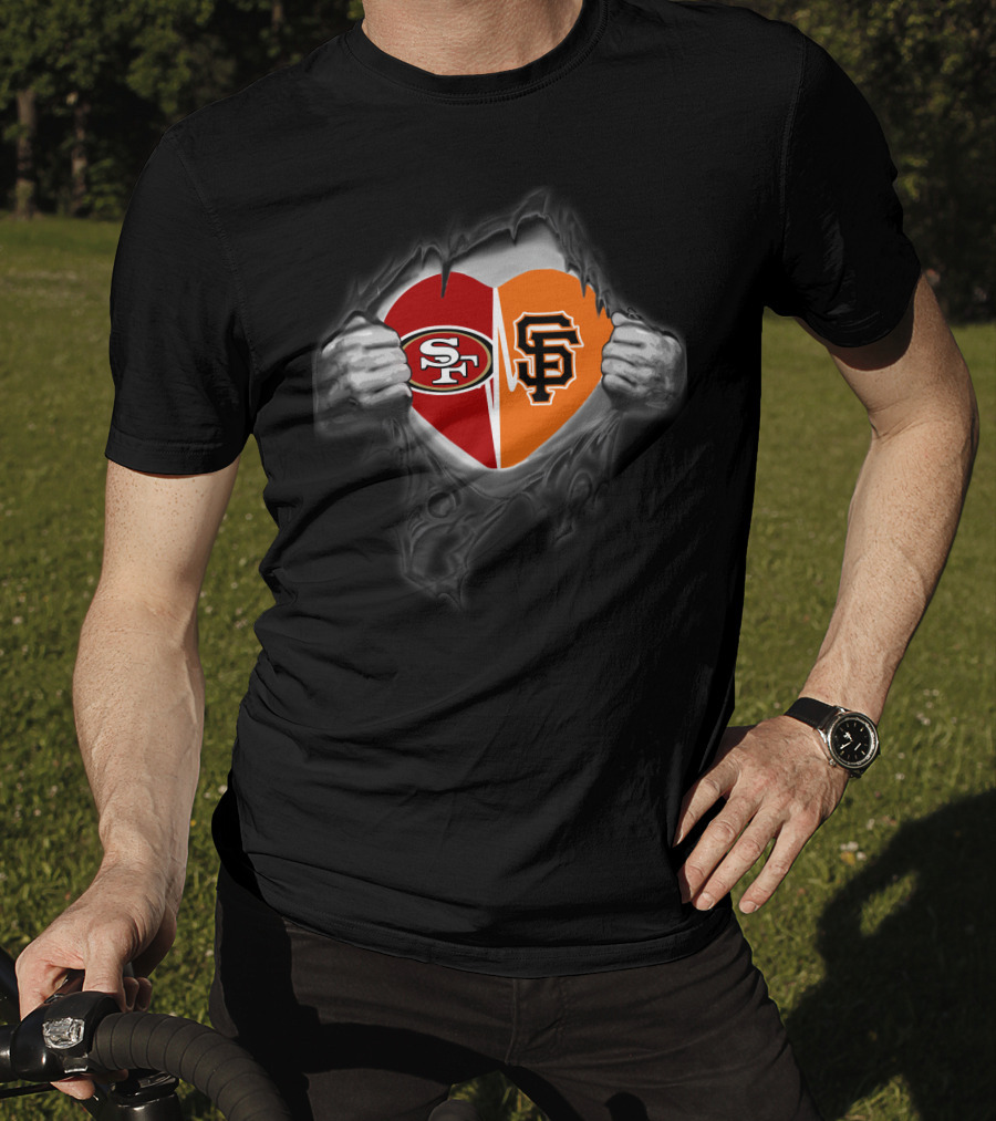 49ers Giants Heart Logos Cloak Tearing Hands T-Shirt