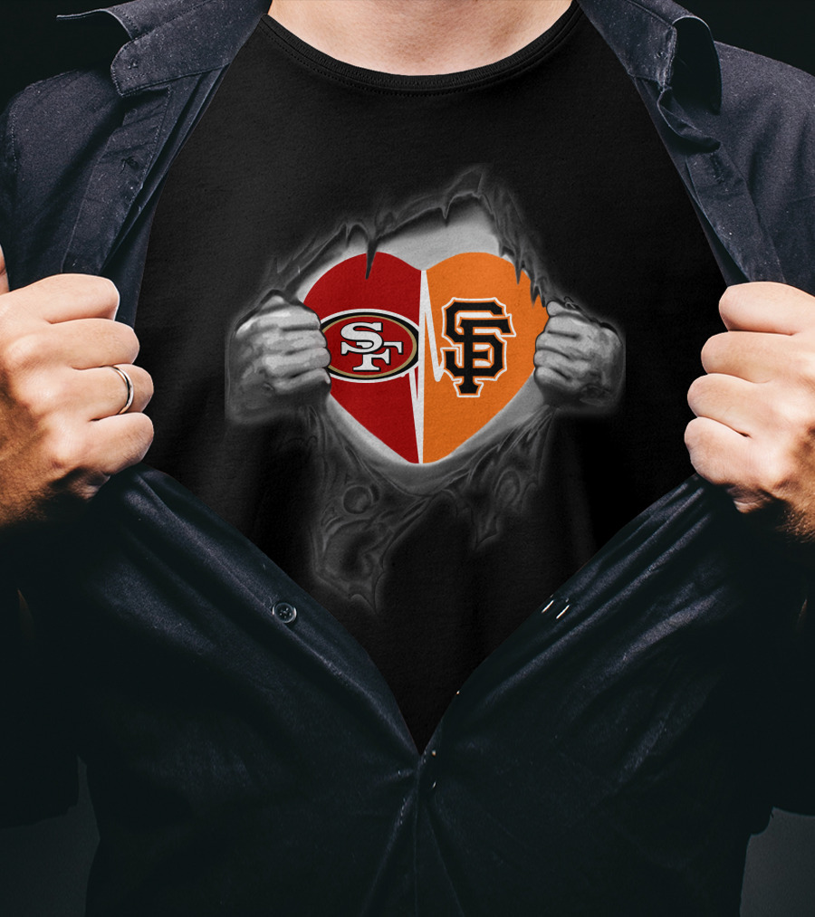 49ers Giants Heart Logos Cloak Tearing Hands T-Shirt