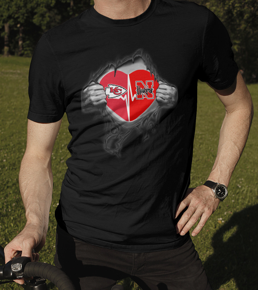 Kansas City Chiefs Nebraska Huskers Heart Logo Fusion Fan T-Shirt