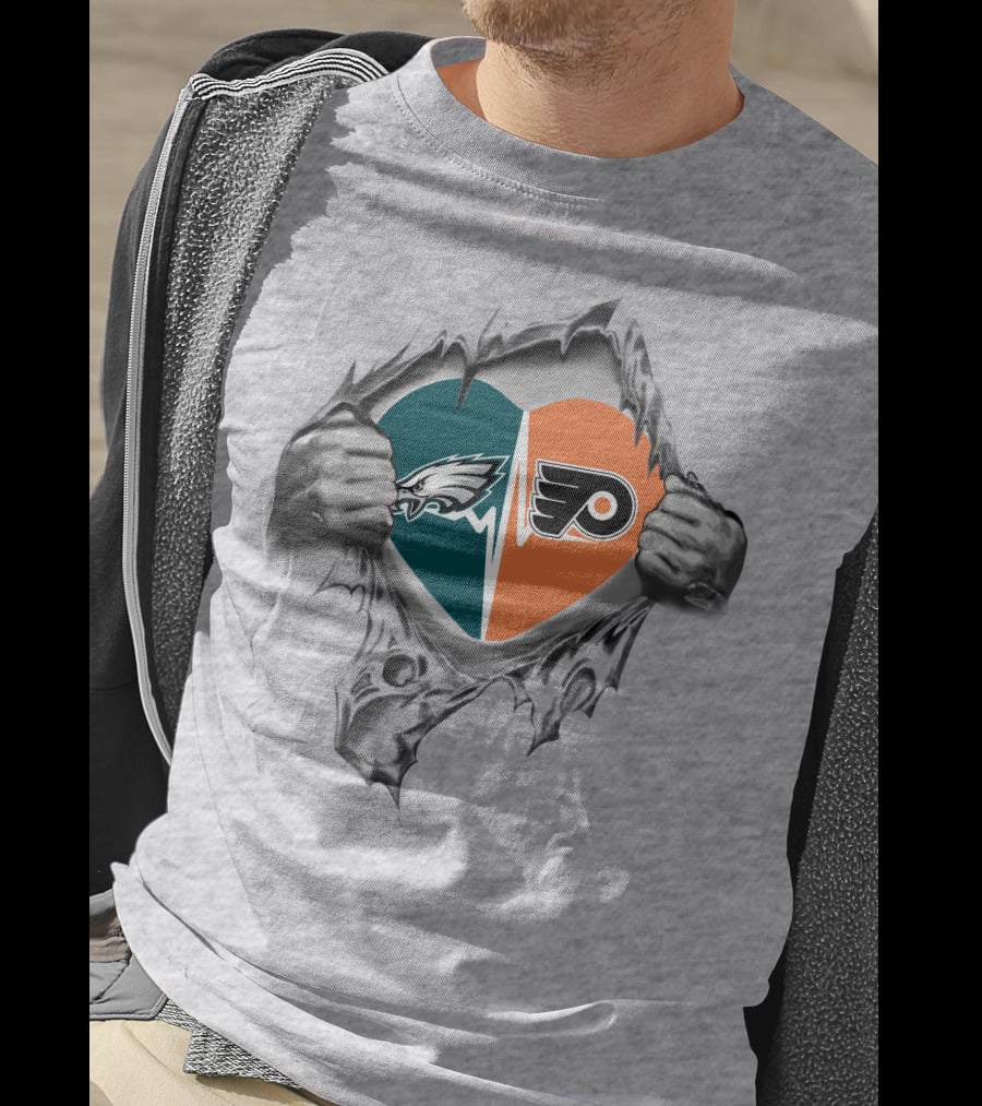 Eagles Flyers Heart Pull-Apart With Logo Tear Effect T-Shirt