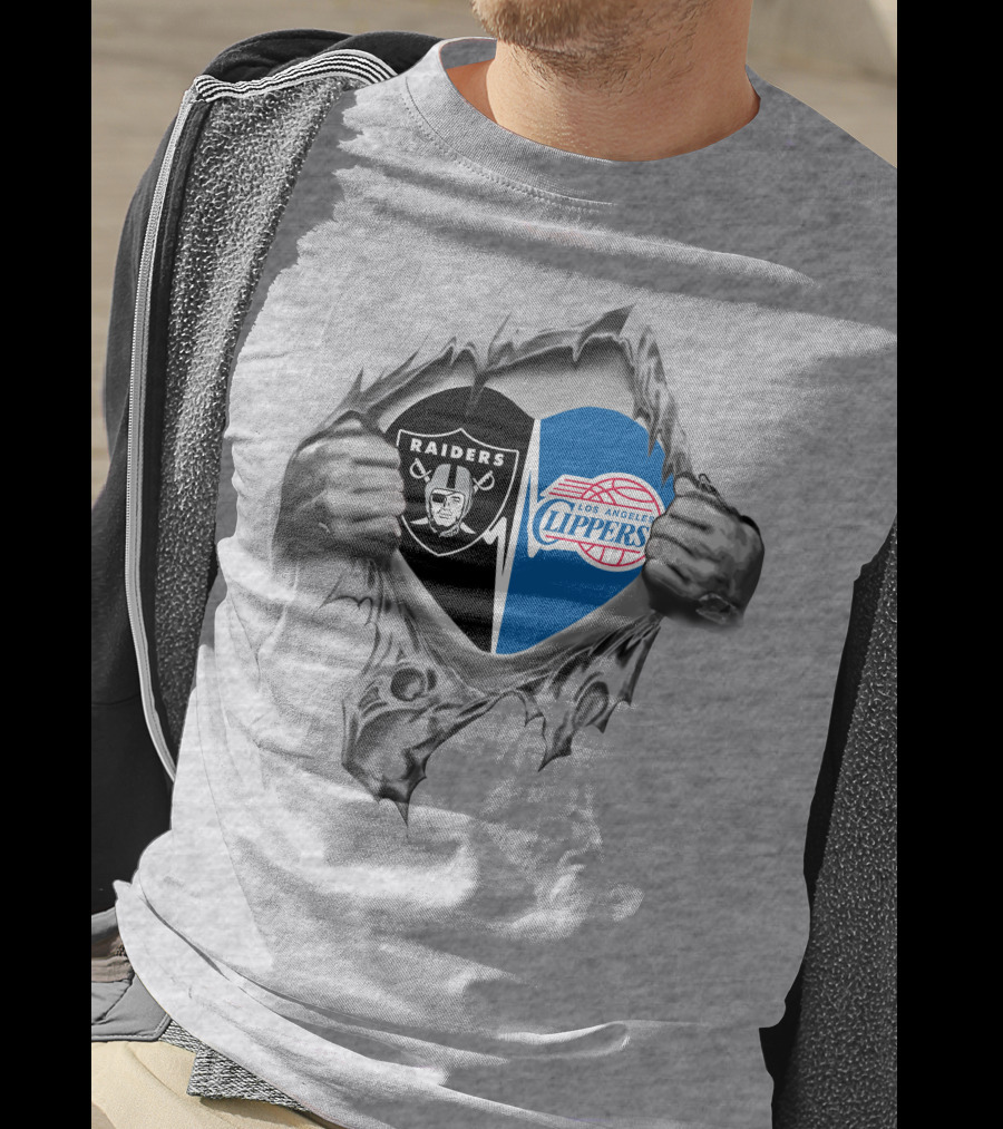 Raiders Clippers Heart Split Grey NFL NBA Fan T-Shirt