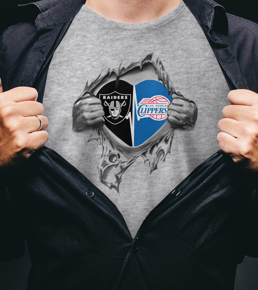 Raiders Clippers Heart Split Grey NFL NBA Fan T-Shirt