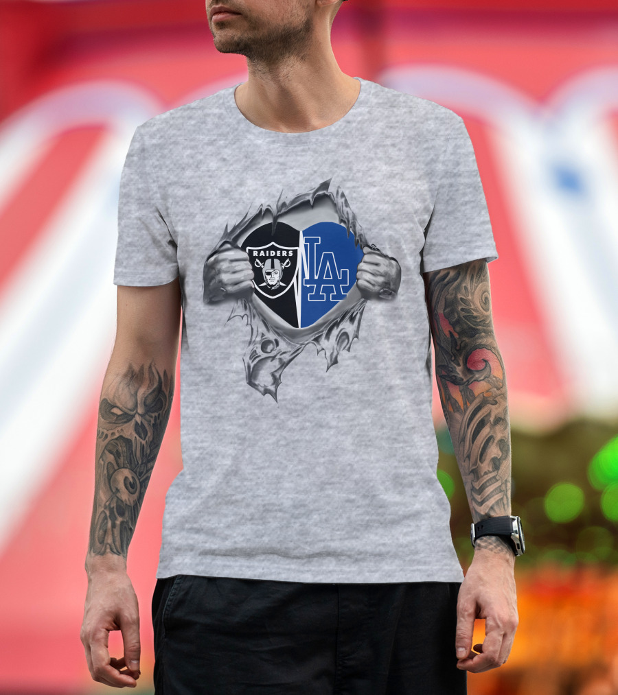 Raiders Dodgers Heart Torn Open Logo Combo T-Shirt