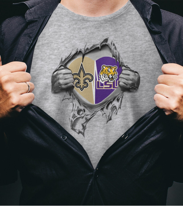 Saints LSU Heart Logos New Orleans Tigers T-Shirt