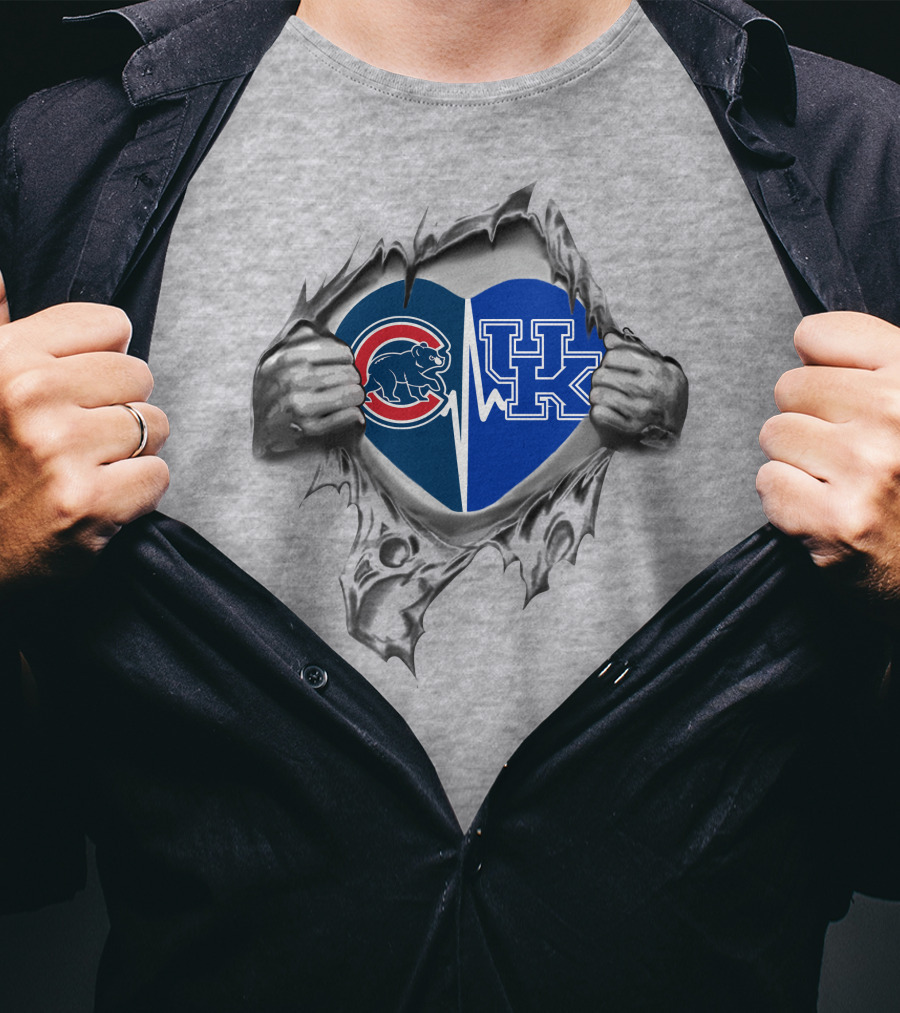 Cubs Kentucky Heart With Chicago Cubs And Kentucky Wildcats Logos In Torn Fabric T-Shirt