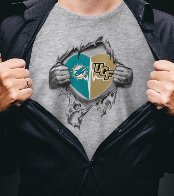 Dolphins UCF Heart Logo Design With Torn Fabric Effect T-Shirt