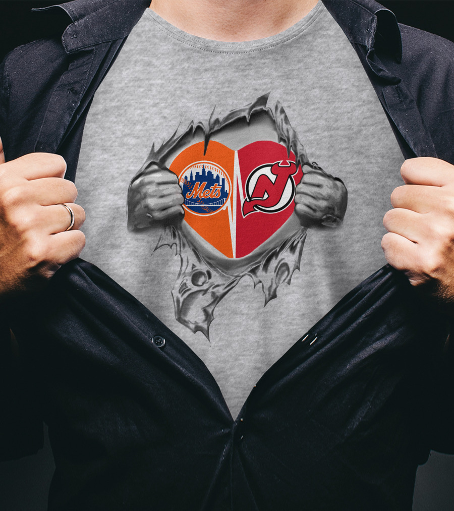 Mets Devils Heart Torn Open Baseball Hockey Fusion T-Shirt