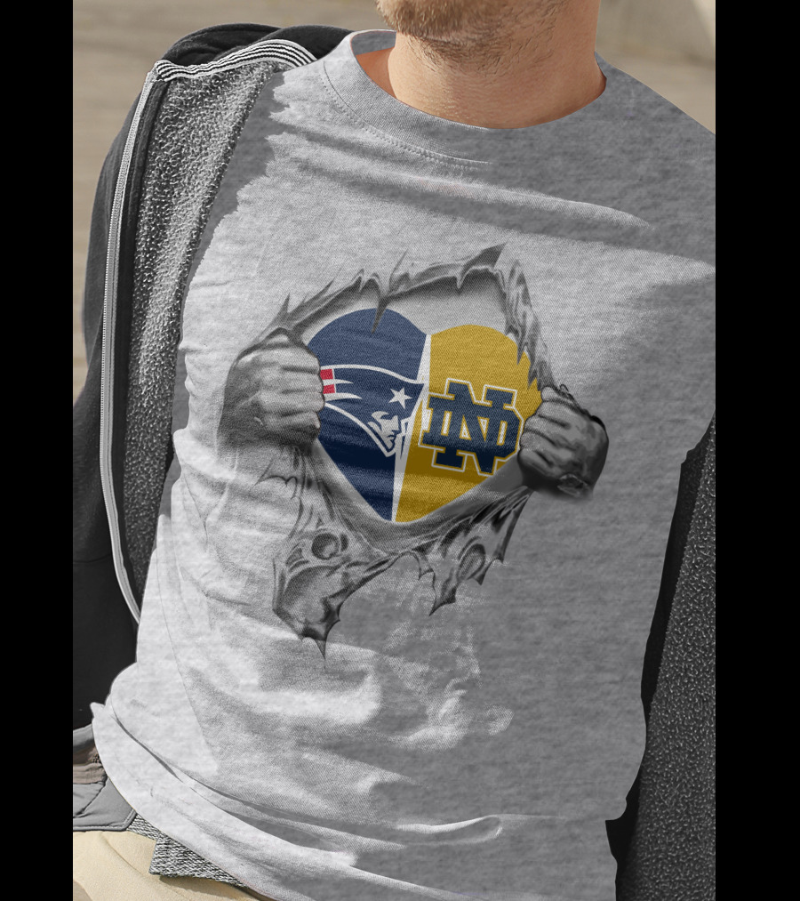 Patriots And Notre Dame Heart Torn Background T-Shirt
