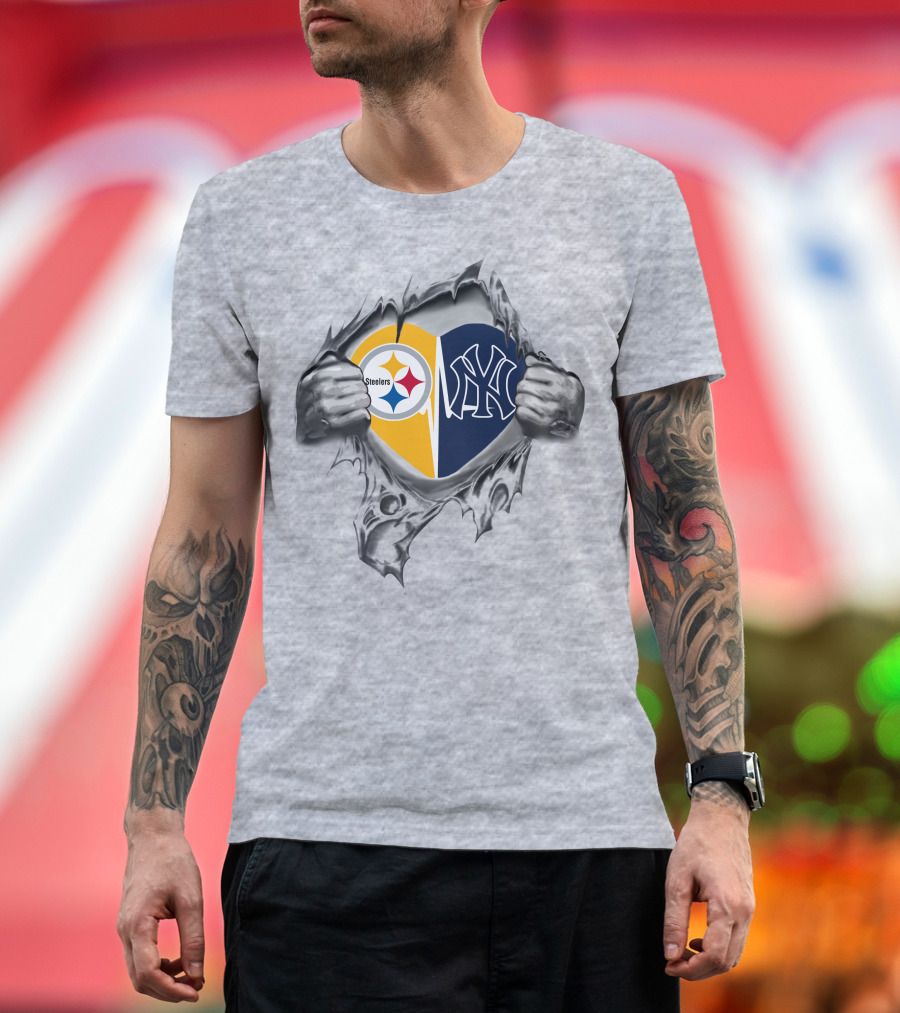 Steelers Yankees Heart Logo with Ripped Hands T-Shirt
