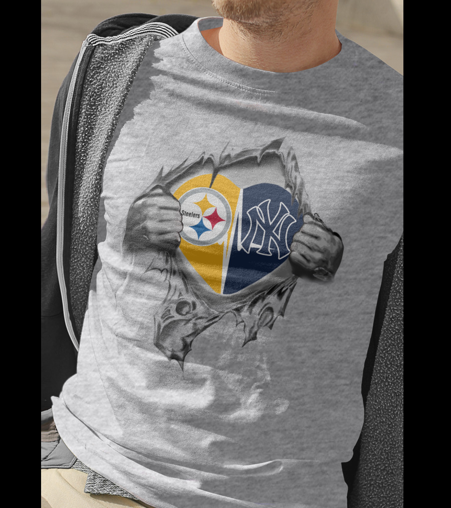 Steelers Yankees Heart Logo With Ripped Hands T-Shirt