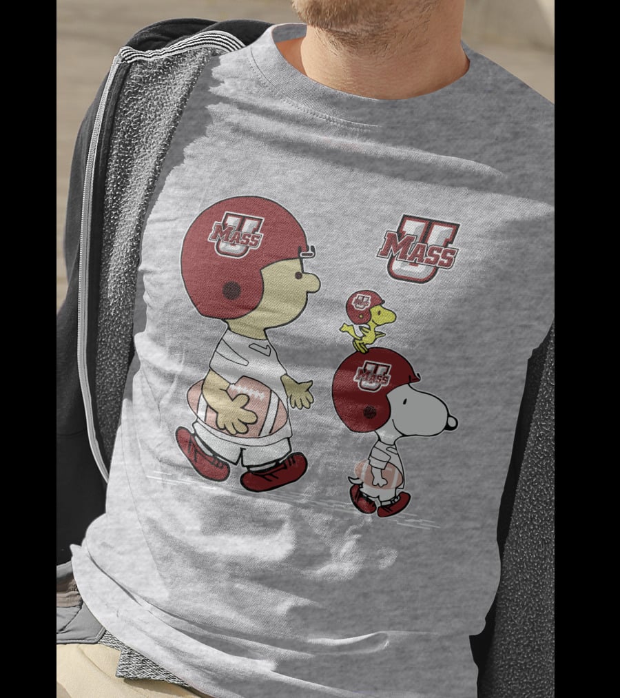 U Mass School Spirit Snoopy Football Helmet Charlie Woodstock T-Shirt