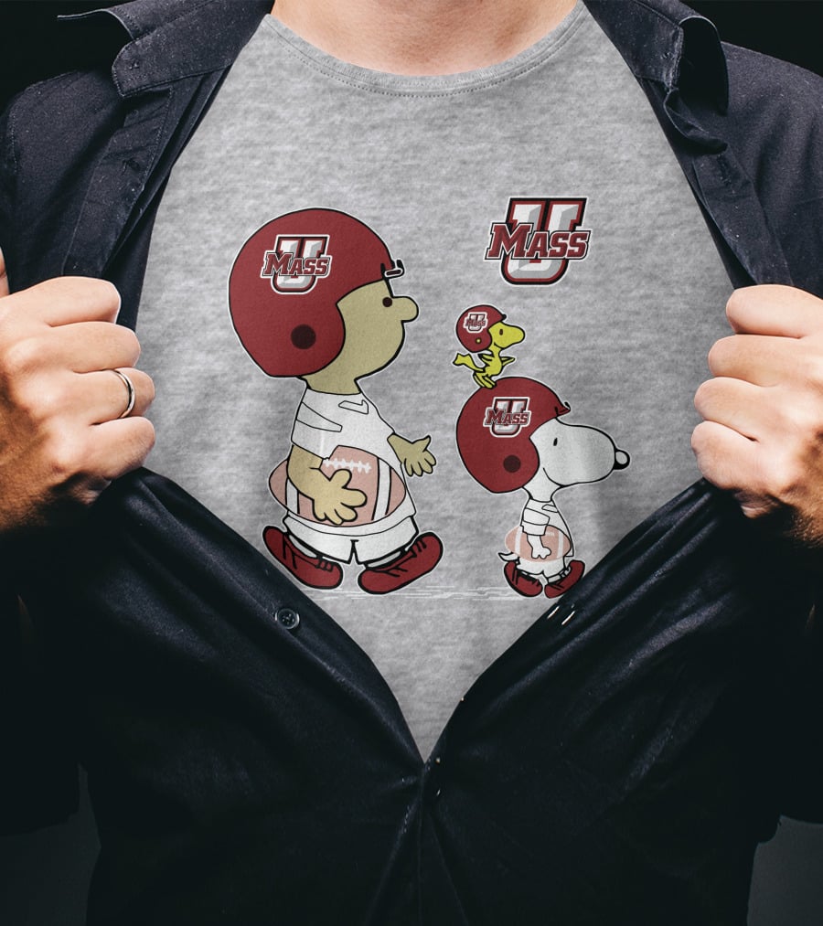 U Mass School Spirit Snoopy Football Helmet Charlie Woodstock T-Shirt