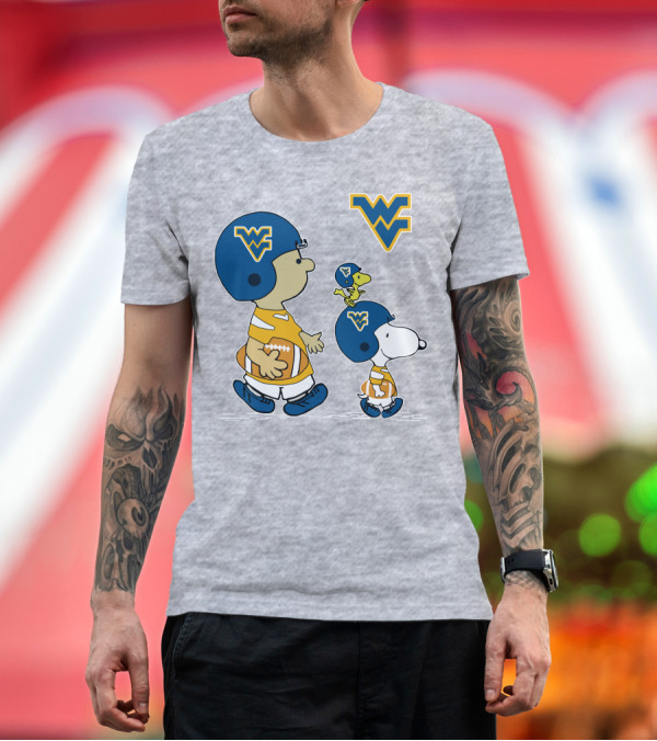Premium T-Shirt: Snoopy WVU Football WV Logo Peanuts Charlie Brown Woodstock T-Shirt Snoopy WVU Football WV Logo Peanuts Charlie Brown Woodstock T-Shirt