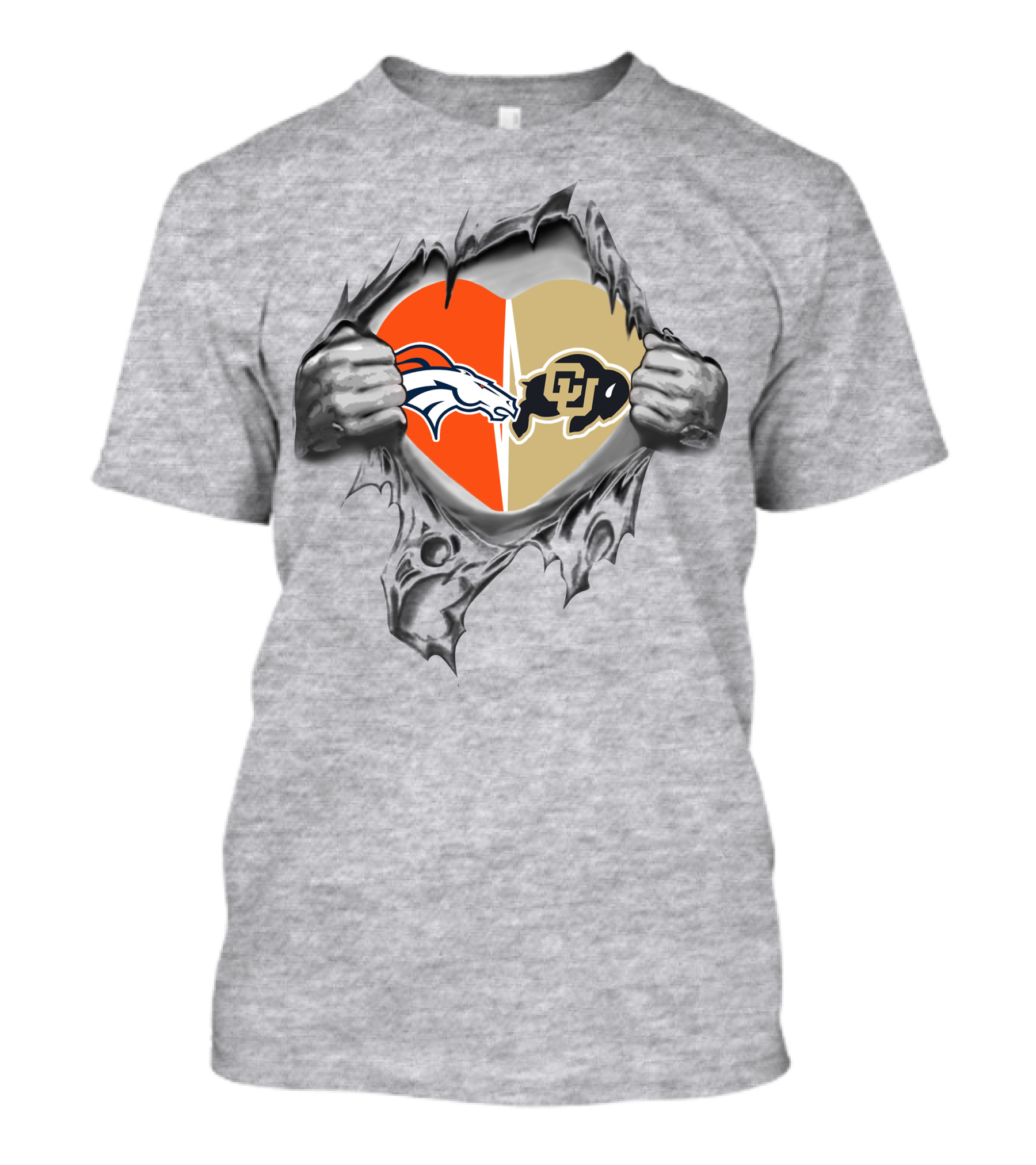 Broncos Buffaloes Heart Logos In Torn T-Shirt