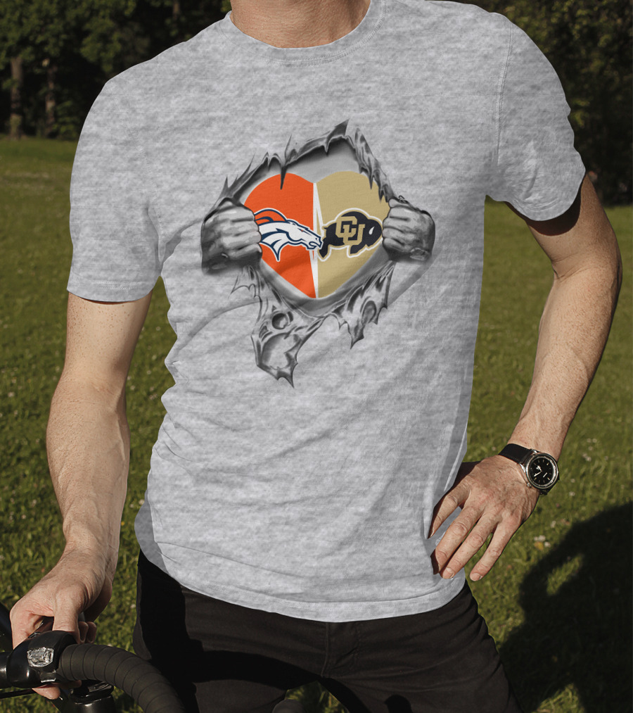 Broncos Buffaloes Heart Logos In Torn T-Shirt