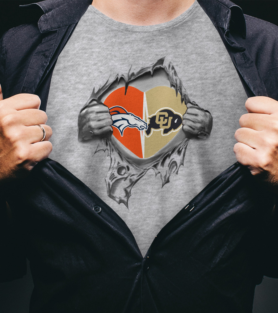 Broncos Buffaloes Heart Logos In Torn T-Shirt