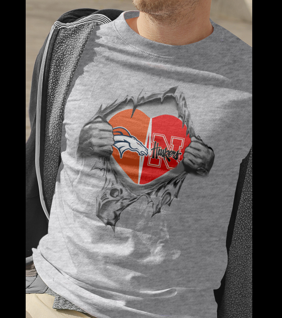 Broncos Huskers Heart With Denver Horse Logo And Nebraska N T-Shirt