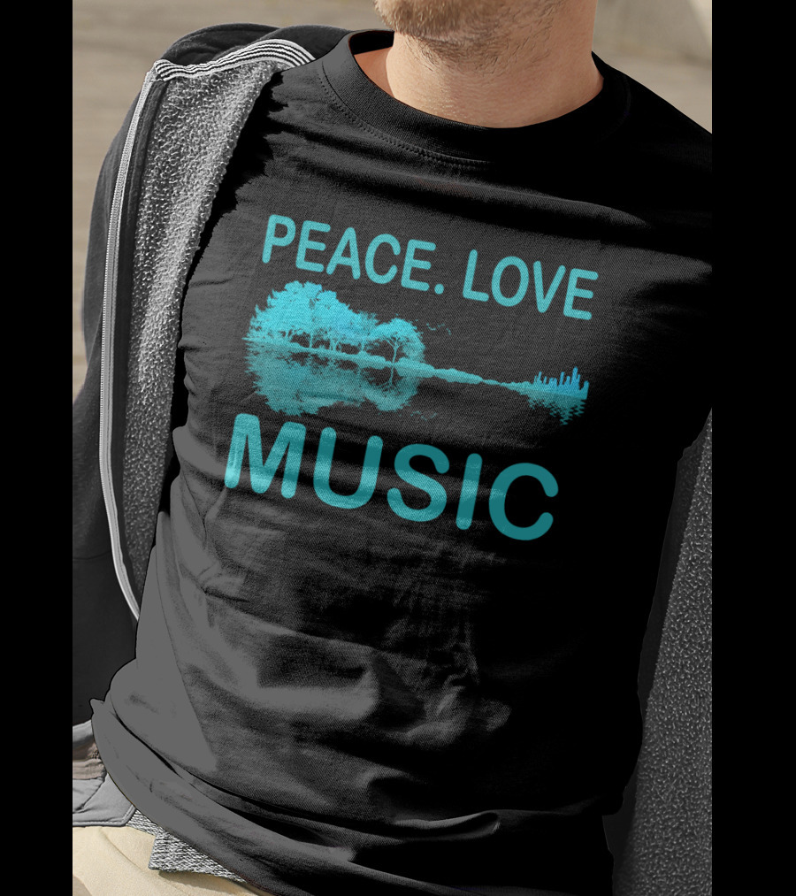 Peace Love Music Guitar Lake Shadow Scenic Reflection T-Shirt