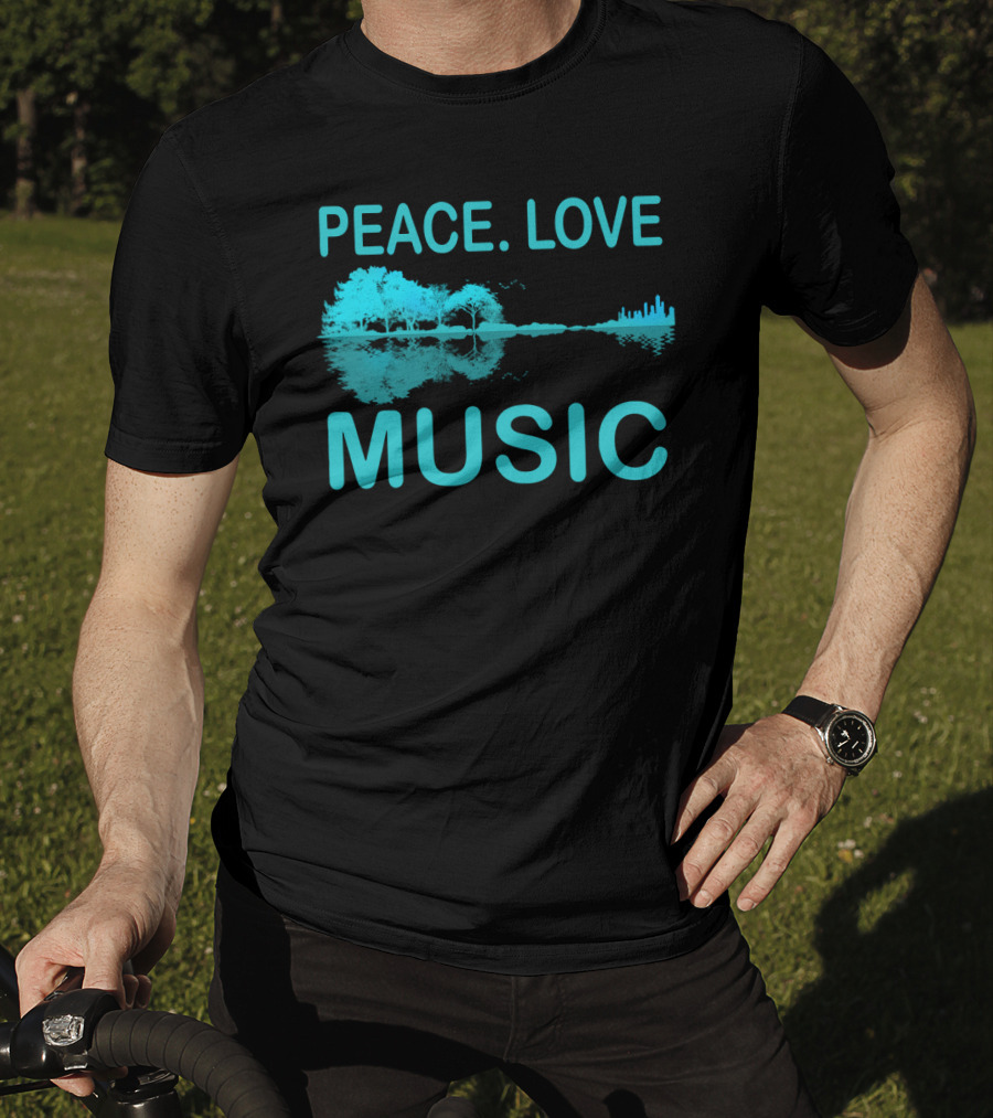 Peace Love Music Guitar Lake Shadow Scenic Reflection T-Shirt