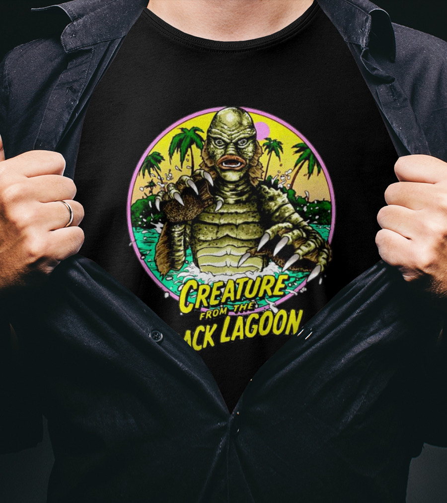 Creature From The Black Lagoon Retro Monster Beach Scene T-Shirt