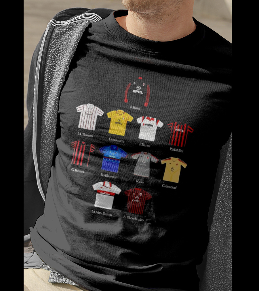 A.C. Milan FC Opel Uniform S. Rossi M. Tassotti A. Costacurta F. Baresi P. Maldini G. Rivera D. Albertini Kaka C. Seedorf M. Van Basten A. Shevchenko T-Shirt