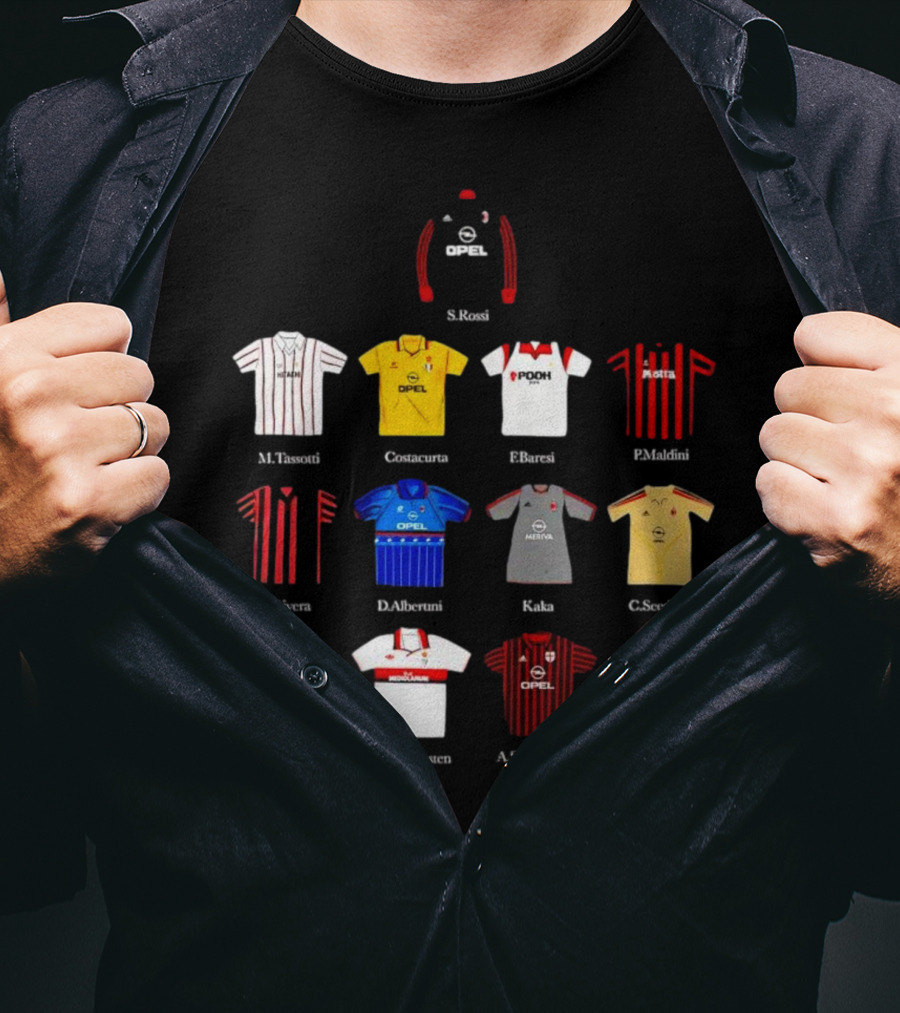 A.C. Milan FC Opel Uniform S. Rossi M. Tassotti A. Costacurta F. Baresi P. Maldini G. Rivera D. Albertini Kaka C. Seedorf M. Van Basten A. Shevchenko T-Shirt