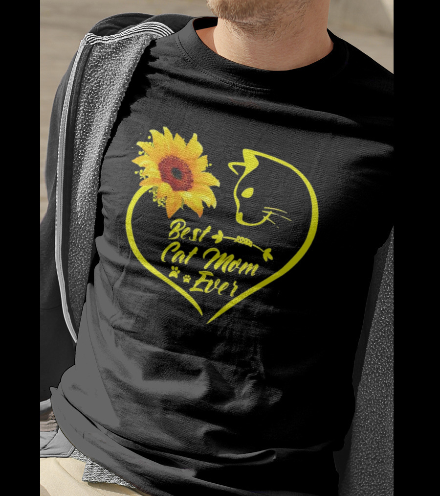Best Cat Mom Ever Sunflower Heart Love Cat Face T-Shirt