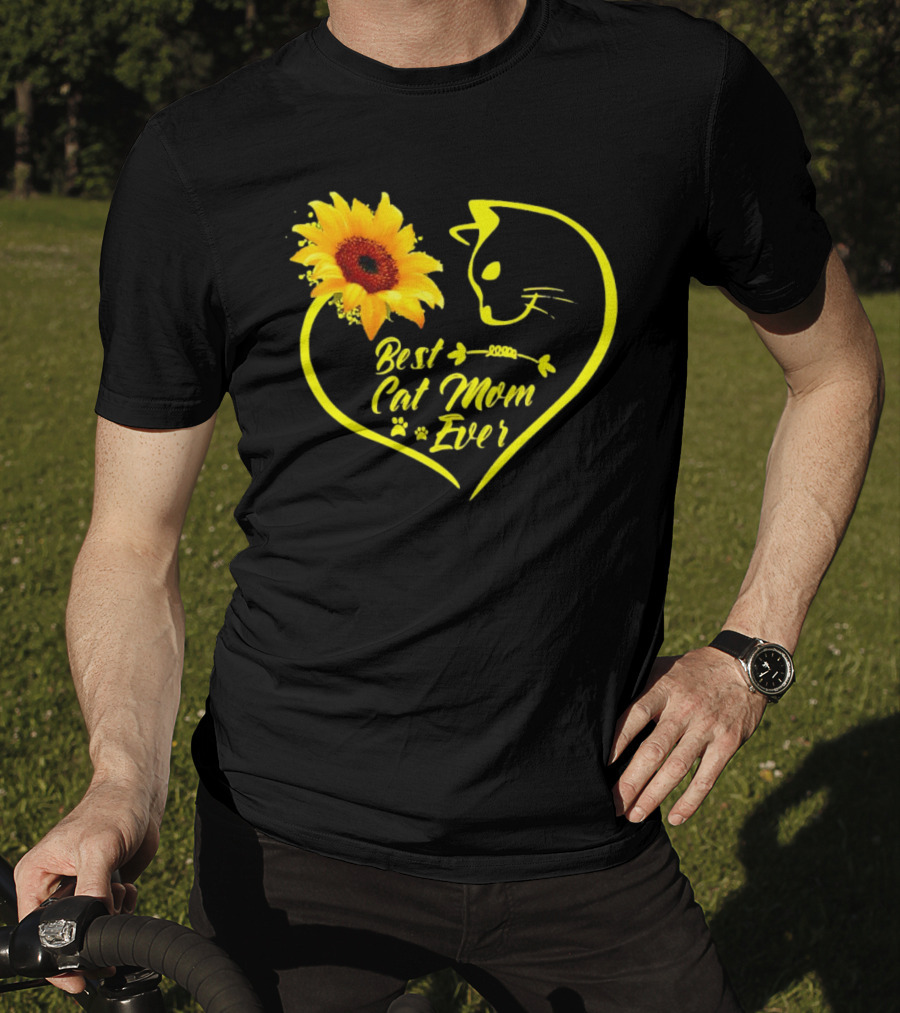 Best Cat Mom Ever Sunflower Heart Love Cat Face T-Shirt