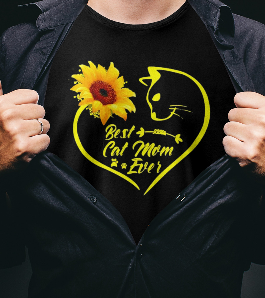 Best Cat Mom Ever Sunflower Heart Love Cat Face T-Shirt