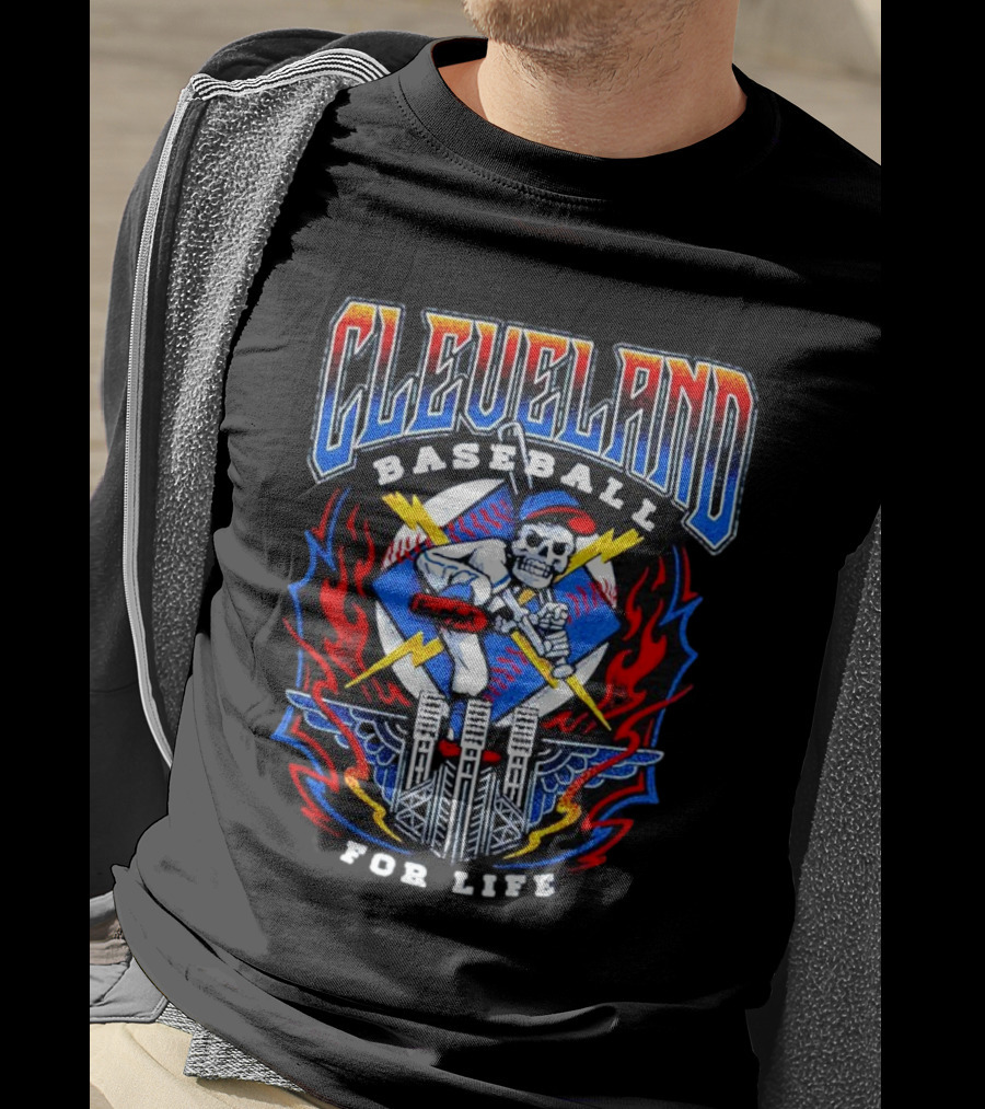 Cleveland Baseball For Life Skeleton Bat Tower Flames T-Shirt