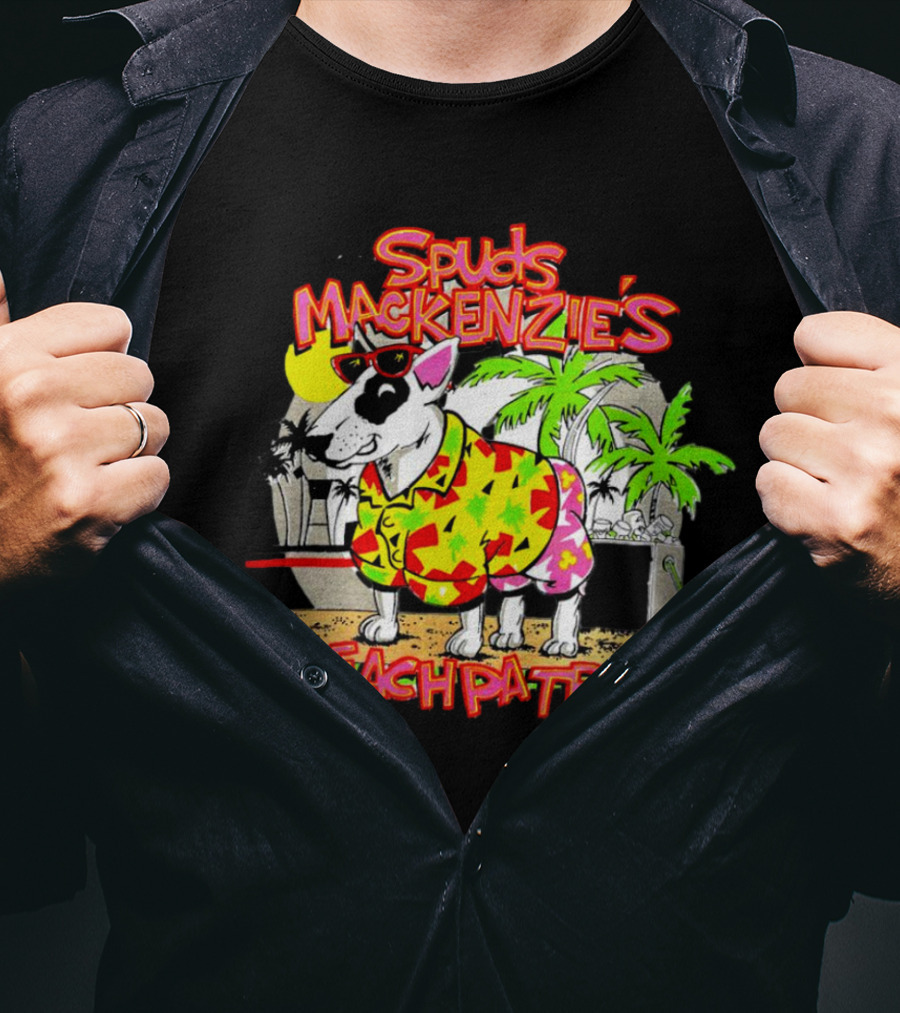 Spuds Mackenzie’s Beach Patrol Tropical Style Dog In Sunglasses And Hawaiian Shirt With Palm Trees T-Shirt
