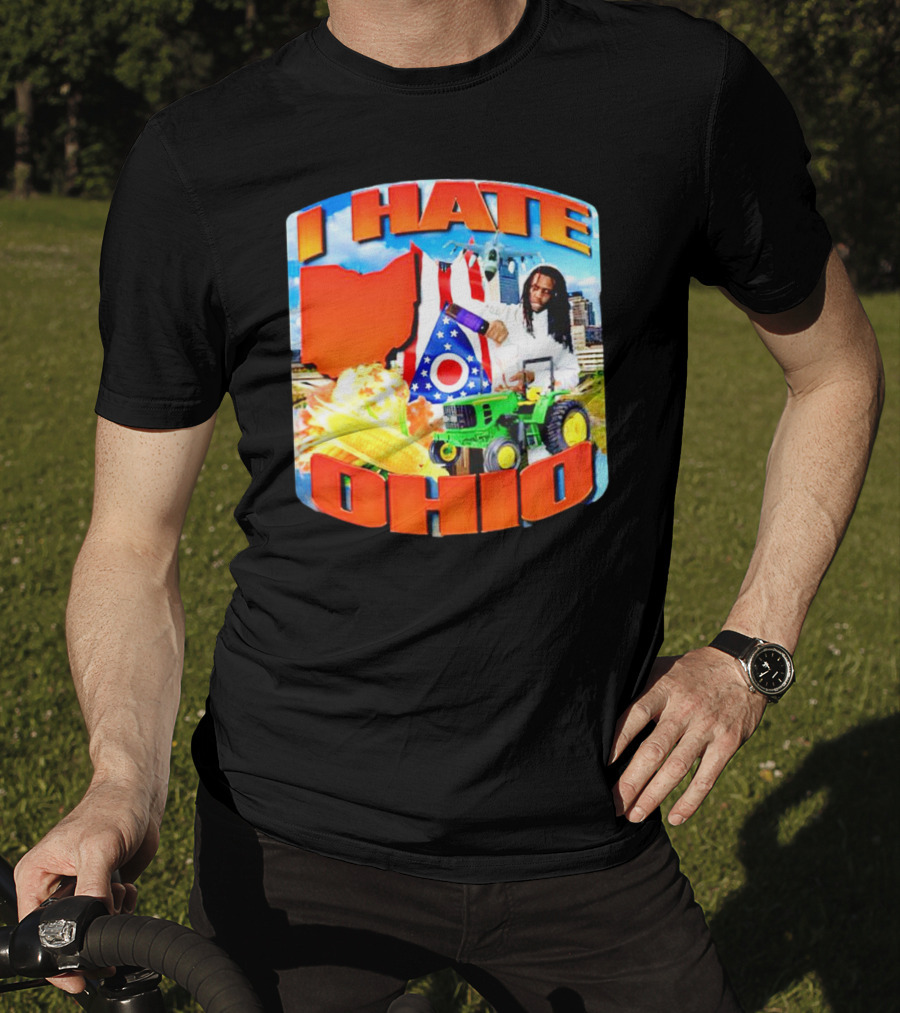 I Hate Ohio Tractor Explosion Corn Ohio Flag Skyline T-Shirt