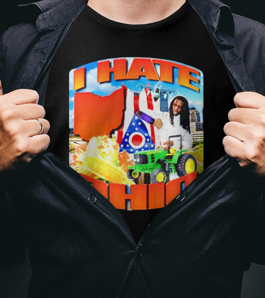 I Hate Ohio Tractor Explosion Corn Ohio Flag Skyline T-Shirt