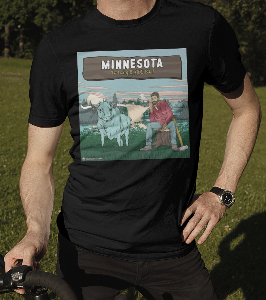 Minnesota The Land Of 10,000 Bakes With Blue Ox And Lumberjack In Forest Scene T-Shirt