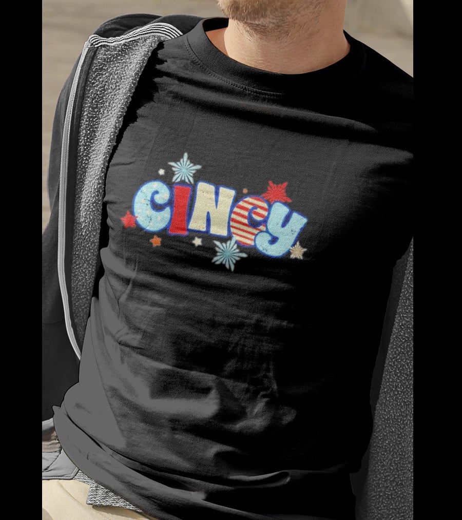 Cincy Star Burst American Flag Pattern With Red White Blue Stars T-Shirt