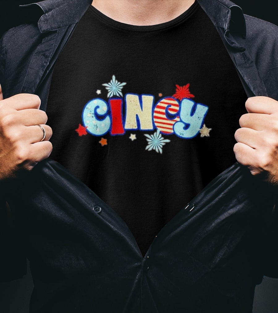 Cincy Star Burst American Flag Pattern With Red White Blue Stars T-Shirt