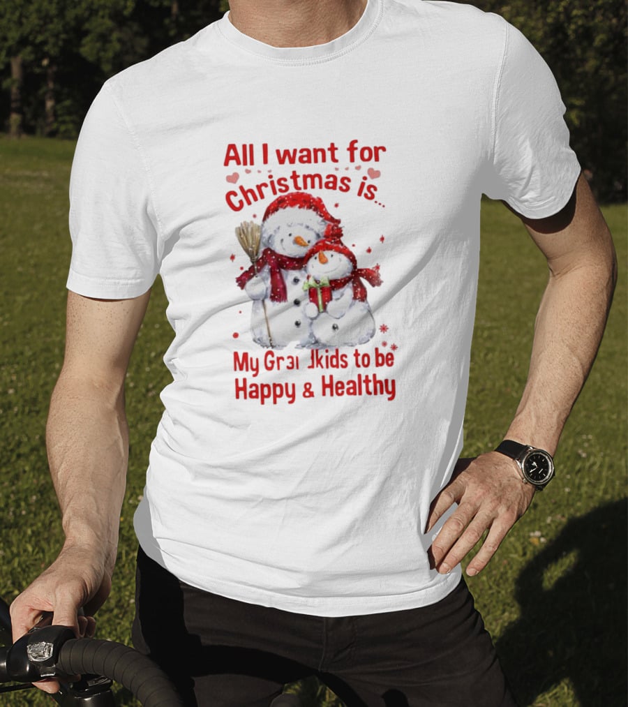 All I Want For Christmas Is My Grandkids To Be Happy And Healthy Snowman Family T-Shirt