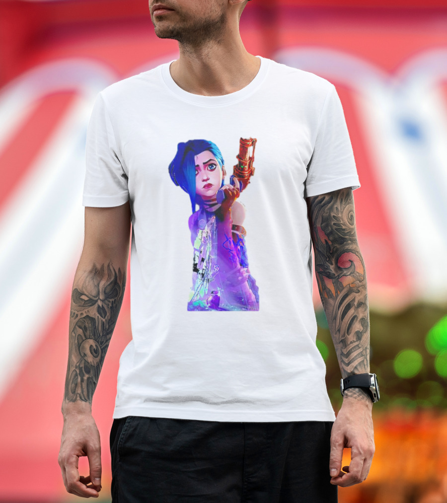 Arcane Jinx League of Legends Character with Blue Hair and Toy Gun T-Shirt