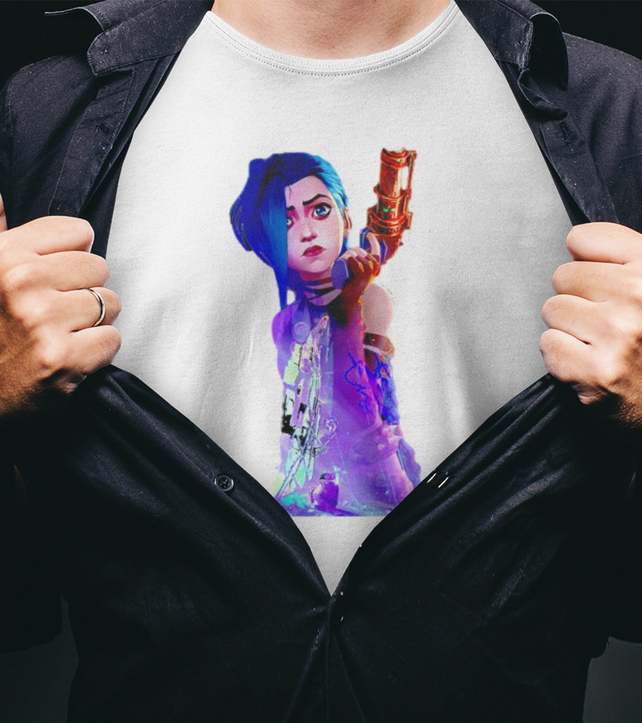 Arcane Jinx League Of Legends Character With Blue Hair And Toy Gun T-Shirt