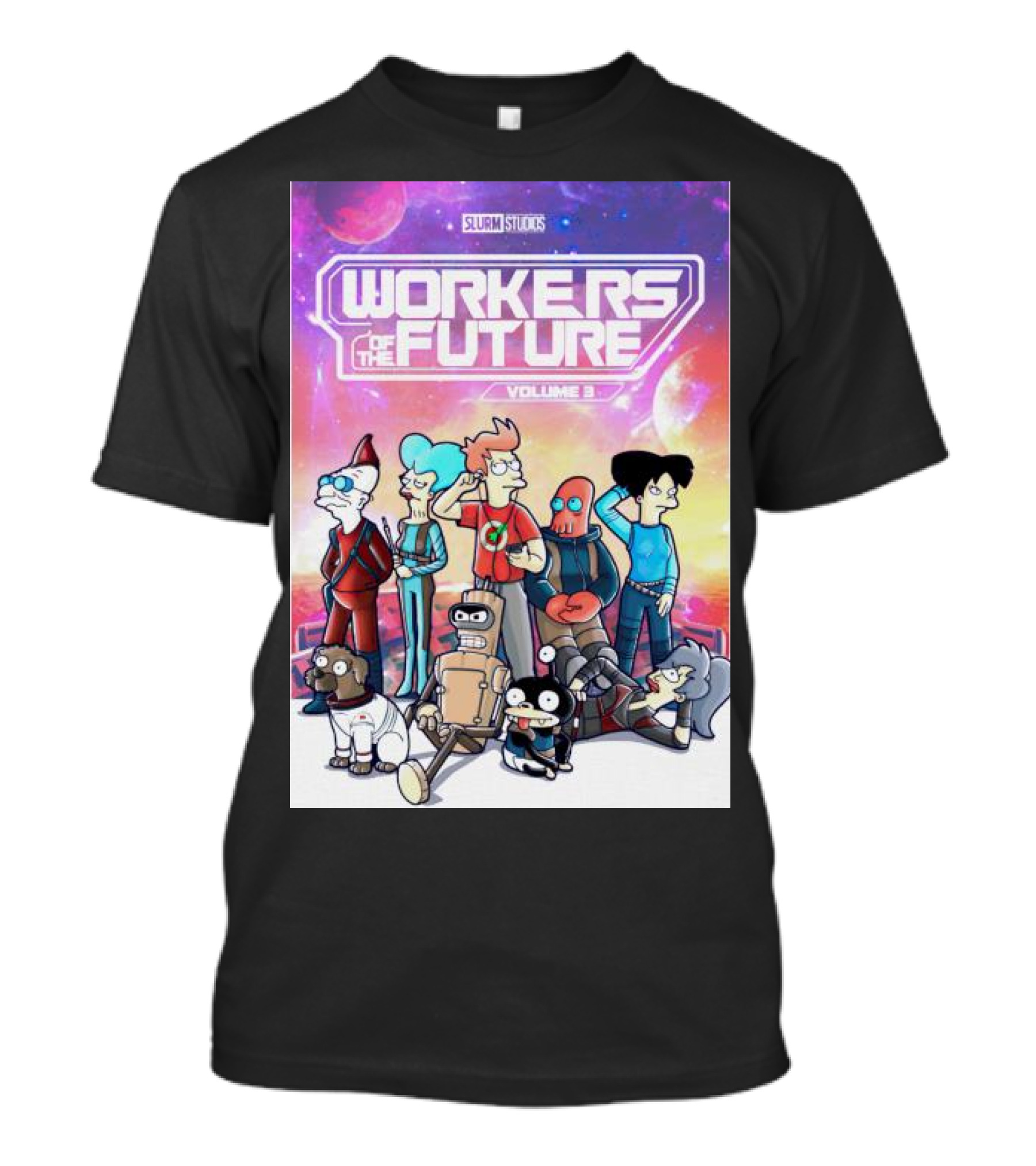 SLURM STUDIOS Workers Of The Future Volume 3 Futurama Characters Retro Futuristic T-Shirt