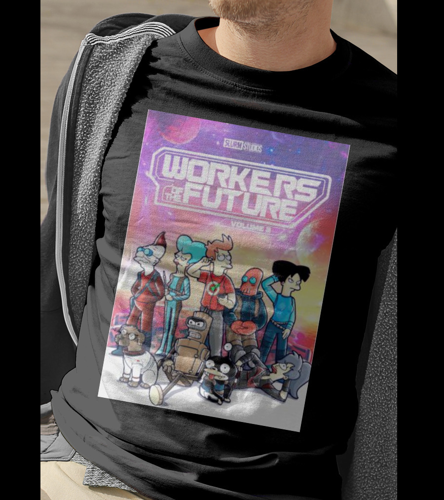 SLURM STUDIOS Workers Of The Future Volume 3 Futurama Characters Retro Futuristic T-Shirt
