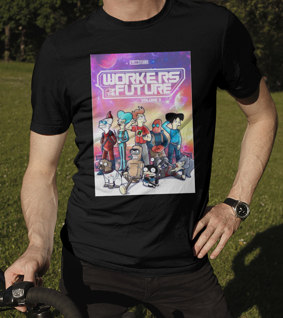 SLURM STUDIOS Workers Of The Future Volume 3 Futurama Characters Retro Futuristic T-Shirt