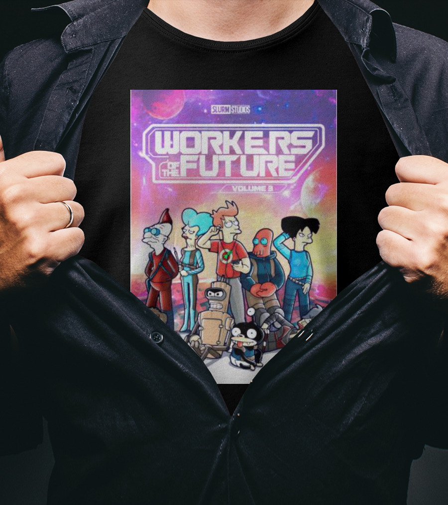 SLURM STUDIOS Workers Of The Future Volume 3 Futurama Characters Retro Futuristic T-Shirt