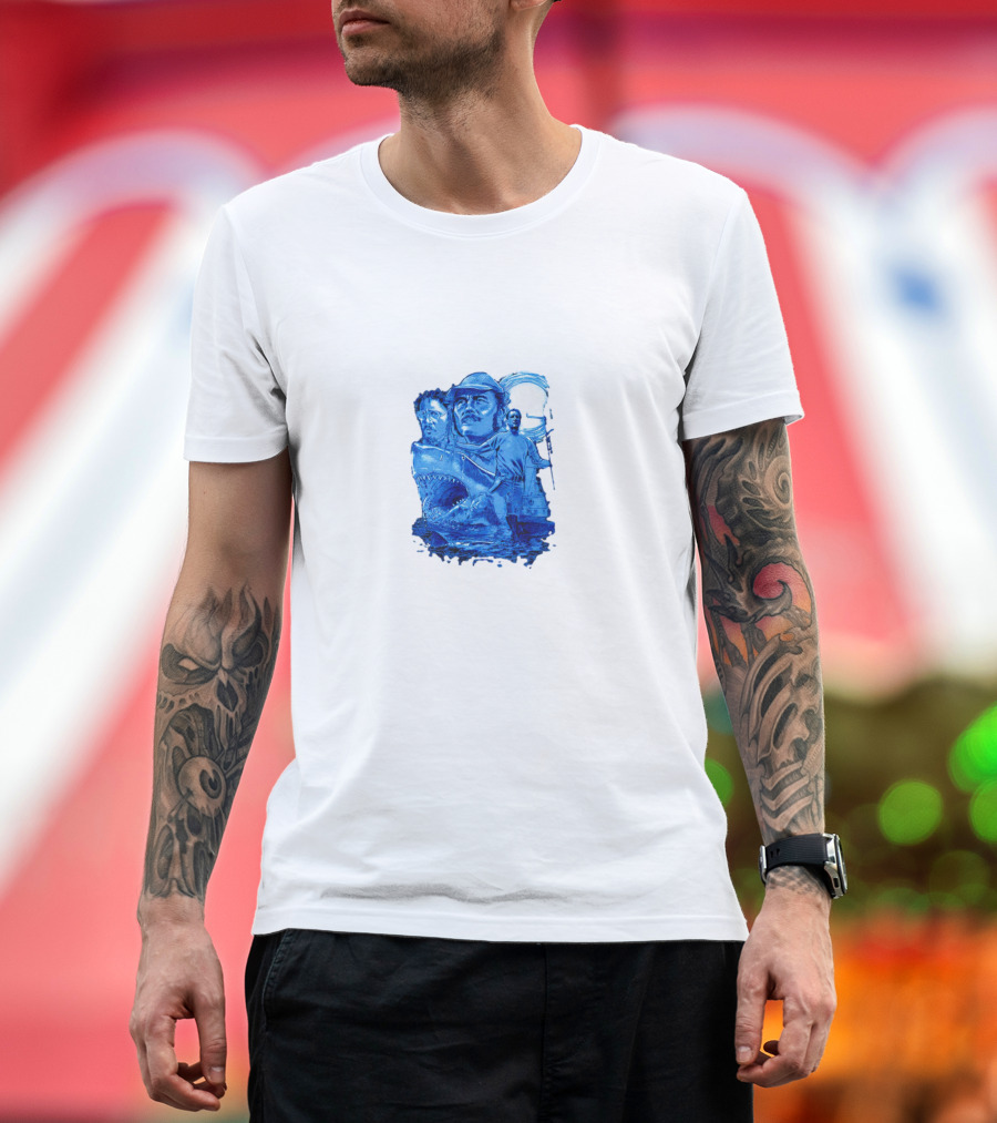 Jaws Bigger Boat Movie Characters and Shark Scene T-Shirt